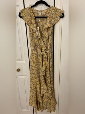 knee length dresses for ladies Max Studio Flowy Ruffle Collar Tiered Yellow Floral Maxi Dress main image 1